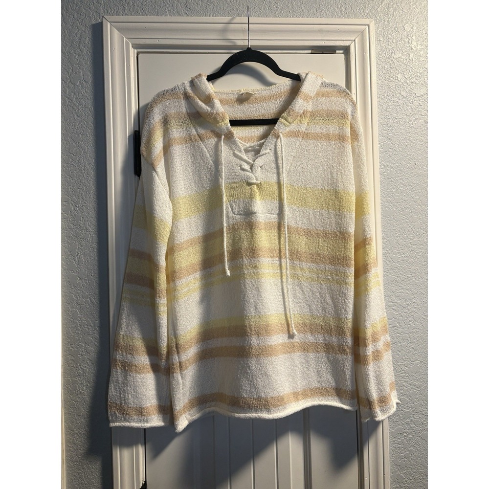 Hem &‎ Thread Hoodie Women Medium White Yellow Tan Striped Lace Up Knit Sweater